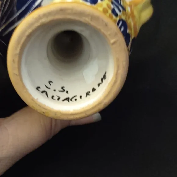 Blue and Yellow Ceramic Pottery with Ornate Patterns, Signed - Picture 6 of 7